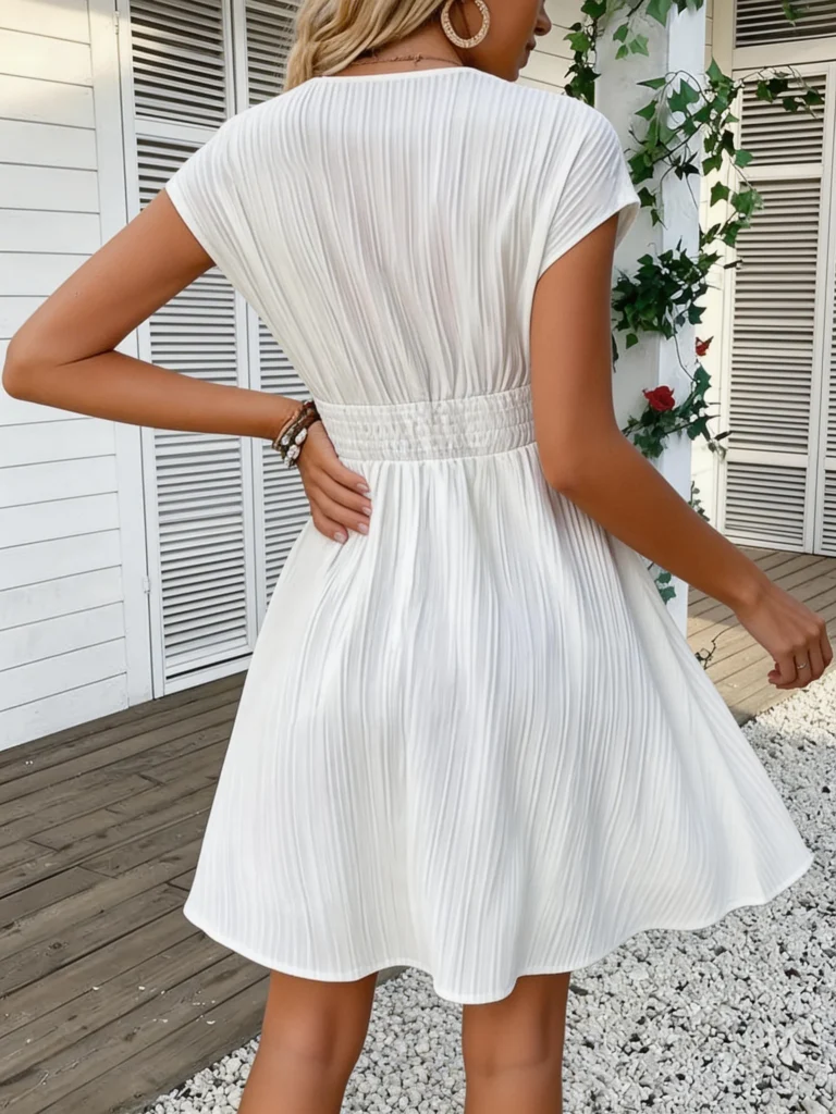 French Lace V-neck Fitted Dress with Waistline and Short Puff Sleeves. Striped Texture Short Skirt with Vertical Lines. Beach-st 2
