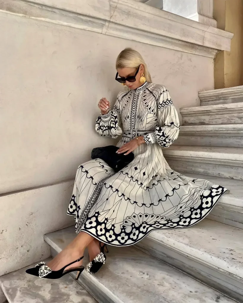 Retro Elegant Stand Collar Long Dress Women Spring Pattern Print Belted Buckle Party  Autumn  Sleeve A-Line Boho 5