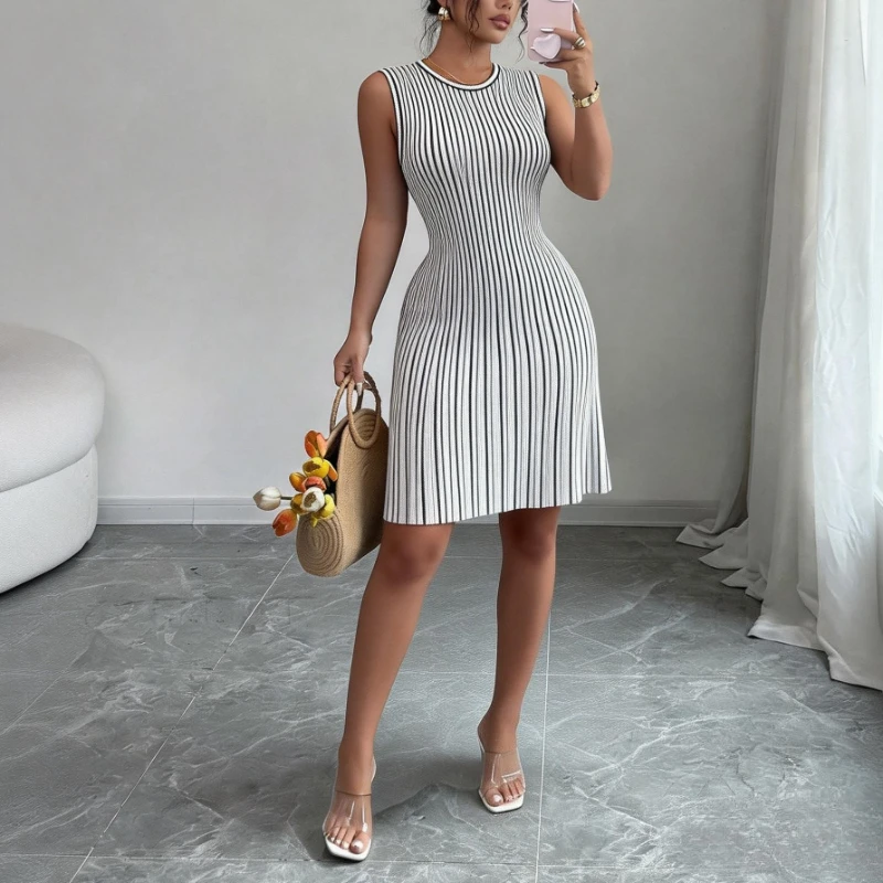 Women's Black Striped Sleeveless Crew Neck Elastic Sundress Ribbed Knit A-Line Mini Dress Casual Summer Party Vacation Dress 3
