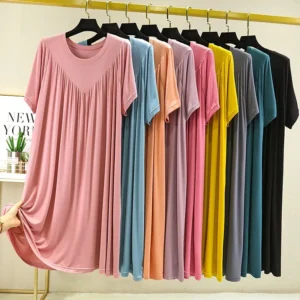 Loose plus Size Sp Dr Modal Women's Summer Thin Home Gown Skirt Sle round Ne ort Sve Long Dr Korean Sle
