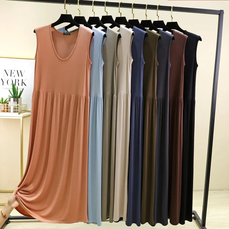 plus Size Modal Vest Skirt Women Summer Loose Thin Pleated Home Sleep Dress round Neck Base Skirt Outdoor Long Skirt 4