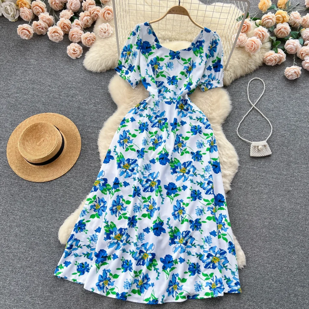Sweet Style Square Collar Short-sleeve Print Contrast Color High Waist A-line Women's Dress 2024 Summer New Dresses 5