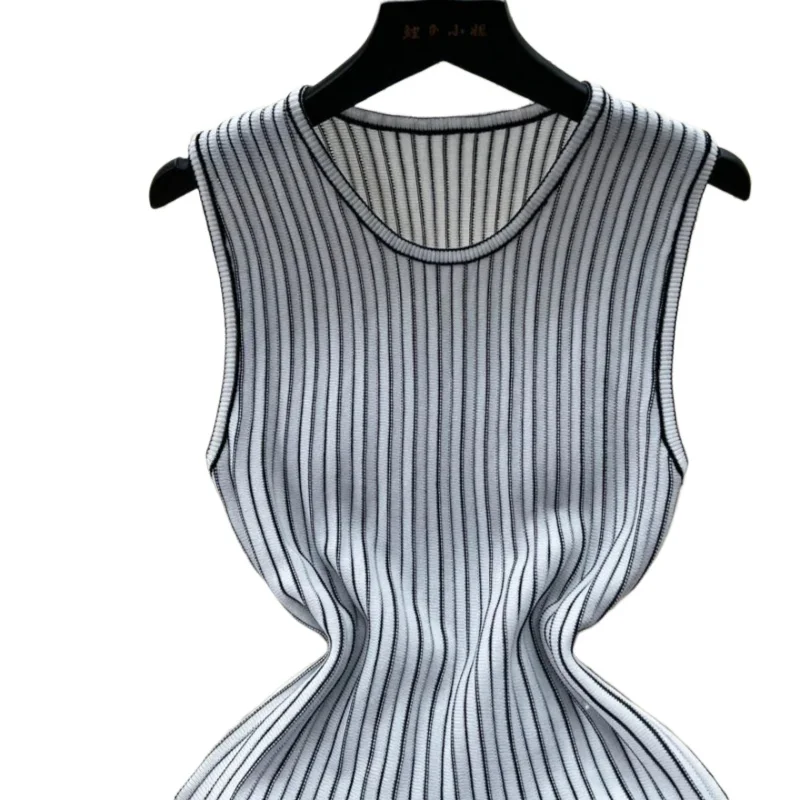Women's Black Striped Sleeveless Crew Neck Elastic Sundress Ribbed Knit A-Line Mini Dress Casual Summer Party Vacation Dress 5