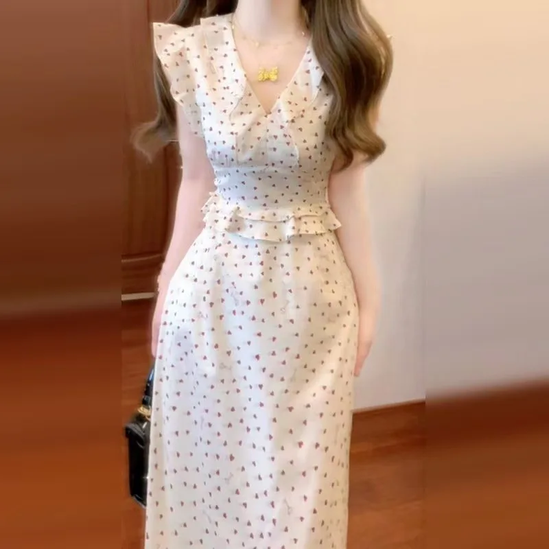 Elegant Chinese Style V-Neck Midi Dress Women Summer Slim Fit Knee-Length Polka Dot Fish Tail Dress High Waist Knitted Cotton 3