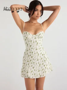 Ahagaga Fashion Sexy Flower Printed Women Short Dresses Streetwear Regular Casual Strapless Sleeveless Slim Sheath Vestidos Robe