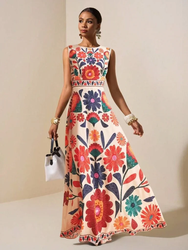 Women Floral Embroidery Maxi Dress Sleeveless Round Neck A-Line Long Dress Summer Beach Wedding Guest Holiday Party Dresses 1