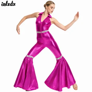 Womens Metallic Shiny Jazz Hip Hop Dance Performance Costume 70s 80s Disco Party Rompers Bell-bottom Hippie Jumpsuit Dancewear