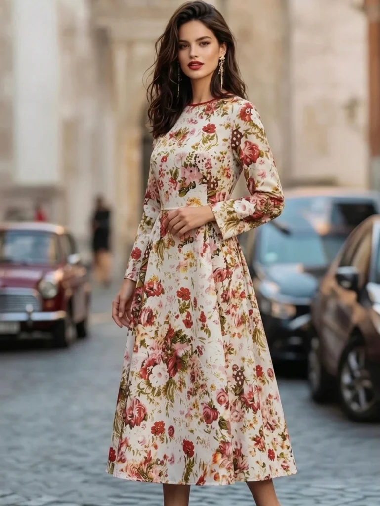 Women's Crew Neck Long Sleeve Midi Dress Floral Print Pleated Waist Flared A‑Line Knee Length Ladies Dress 1