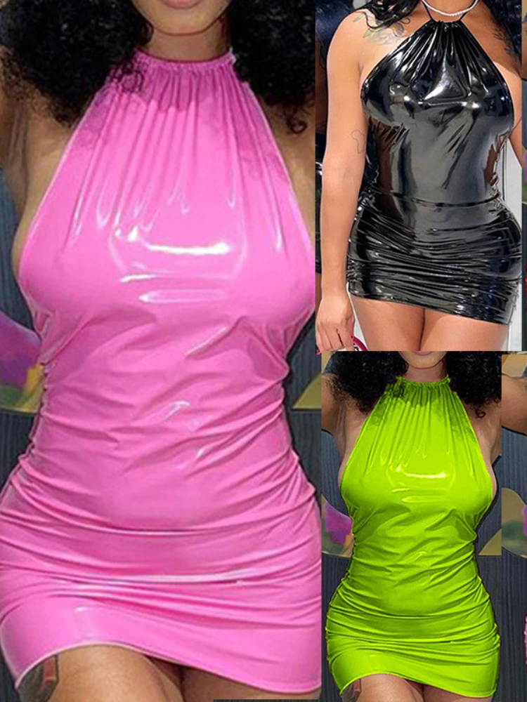 Sexy Shiny Candy Color Imitation PU Leather Slim Bodycon Dress Women Sleeveless Wrap Chest Skinny Dress Club Party Vestidos 1