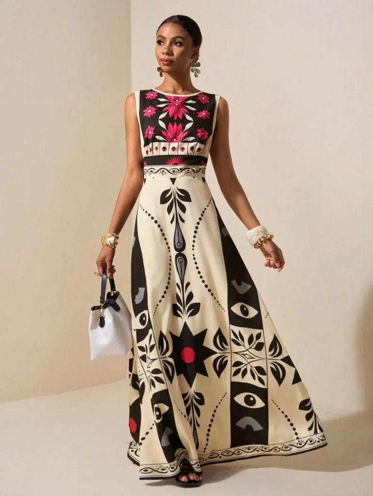 Elegant Red Floral Tribal Sleeveless Dress High Waist A Line Maxi Gown, For Wedding Guest Evening Party Vacation Outfits 1