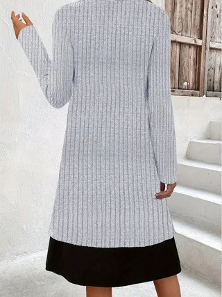 Women's Fashion Midi Dress, Ribbed Knit Construction with Contrast Insert and Buckle Detail 2