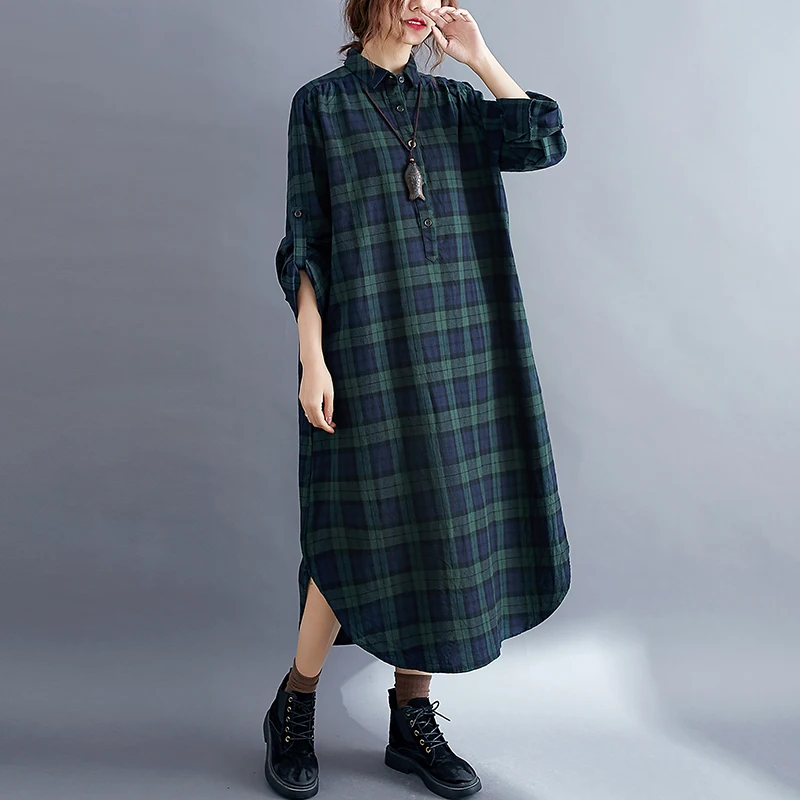 plus Size Women's irt Dr Mid-Length Loose Fit Slimming Plaid Sle Autumn Faionable Split Hem  Collar Long Sve 6