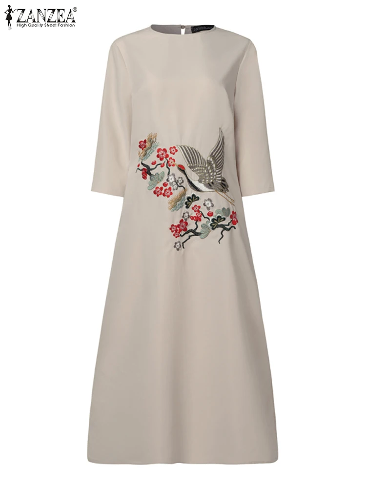 ZANZEA Women Vintage Embroidery Sundress O-neck Leisure Side Slit Holiday Vestido 3/4 Sleeve 2024 Summer Loose Casual Midi Dress 4