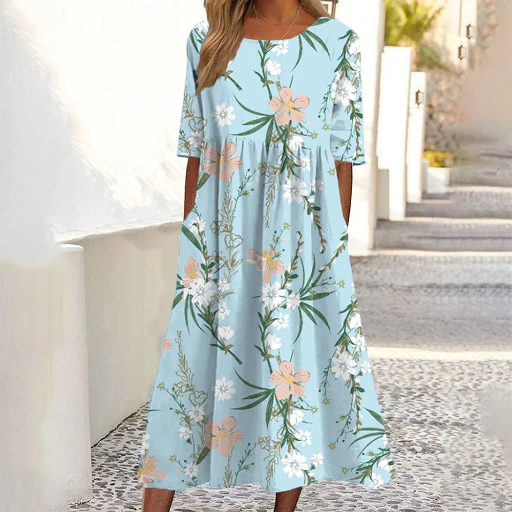 2026Summer New Arrival Women's Casual Crew Neck Pocket Short Sleeve Printed Dress 1