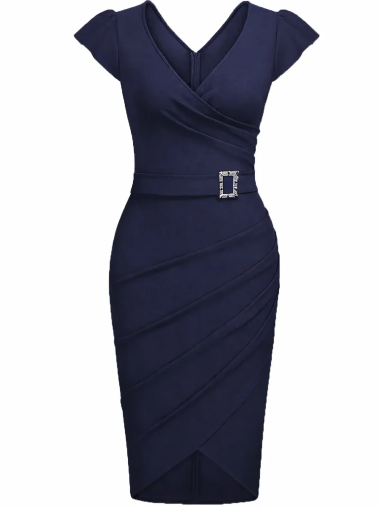 Women's Elegant V-Neck Short Sleeve Summer Cocktail Evening Party Knee-Length Dress Pleat Bodycon Robe Vestido 5