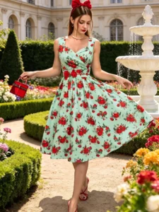 Women's Sleeveless V Neck Floral Print Midi Dress Wrap Design A Line Swing Dress Fashion Casual Ladies Daily Outfit