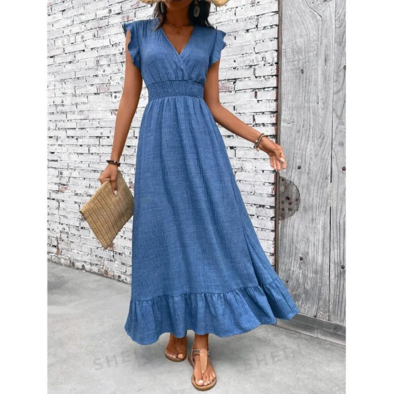 Women Maxi Dress 2026 New V Neck Denim Blue Long Dress Casual Loose Ruffle Hem Sundress for Summer Beach Vacation Daily Wear 5