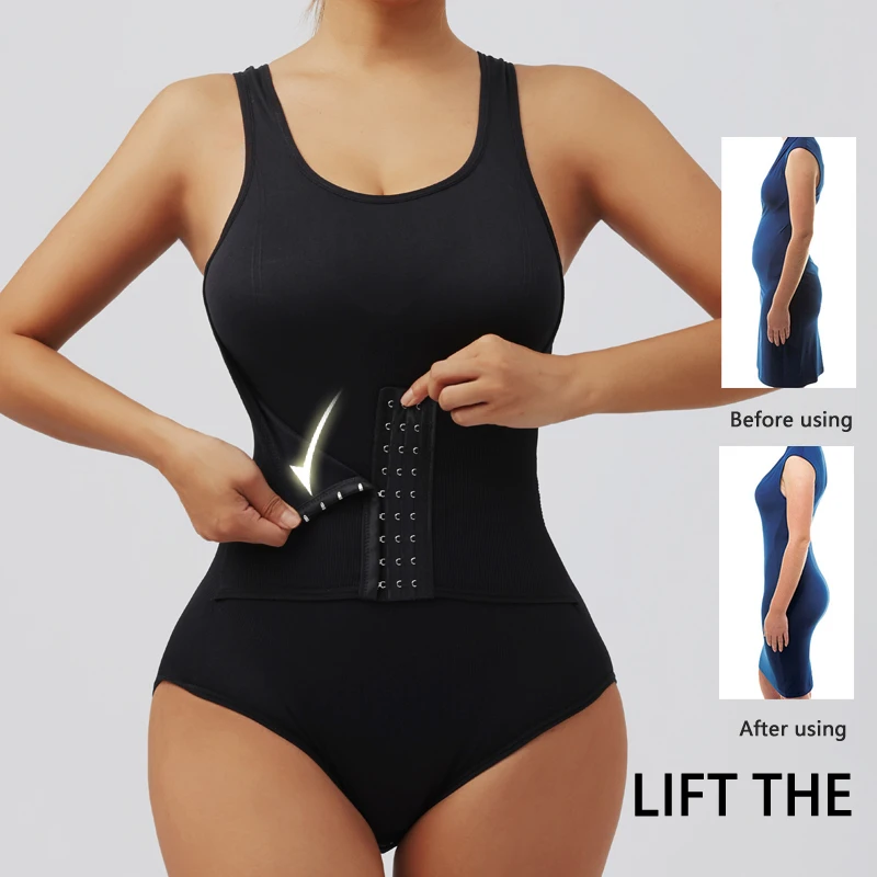 Women Bodysuit Shapewear with Zipper Belt Tummy Control Fajas Body Shaper Snap Crotch Waist Trainer Slimming Cincher Corset Tops 4