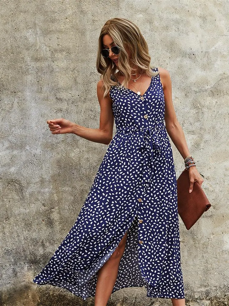 V Neck Print Sleeveless Causal Long Dress Women Fashion Spring Summer Dress with Belt 3