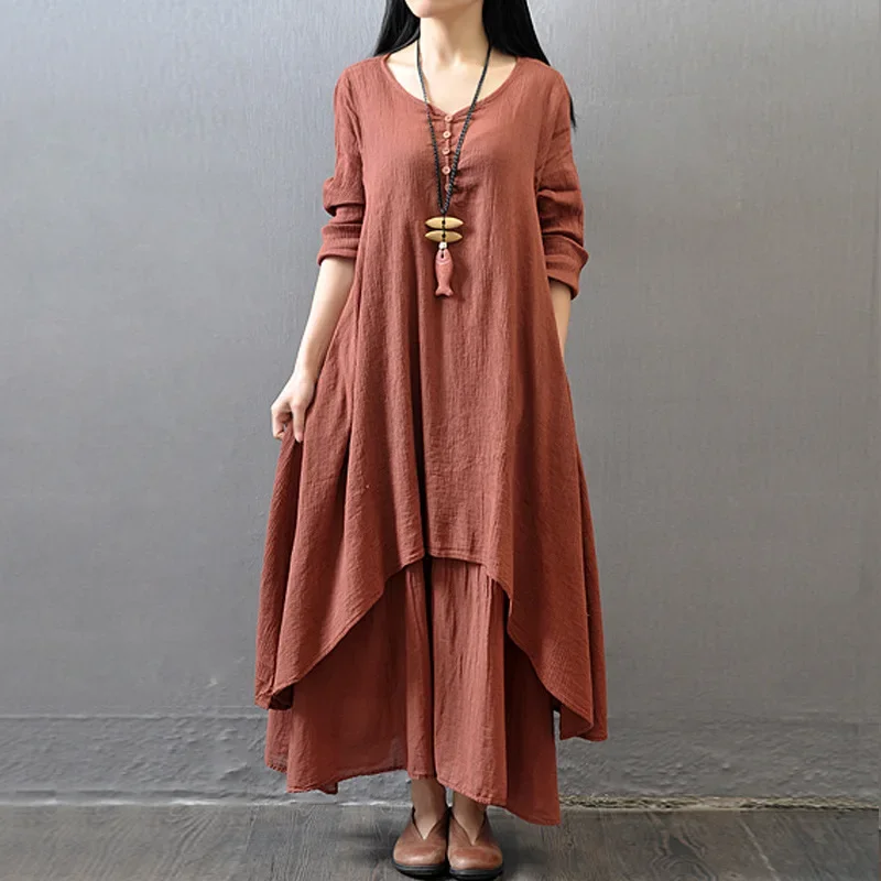 Spring Autumn Women Maxi Dresses Casual Full Sleeve Bohe Cotton Women'S Casual Fashion Loose Long With Button Solid Color Dresse 4