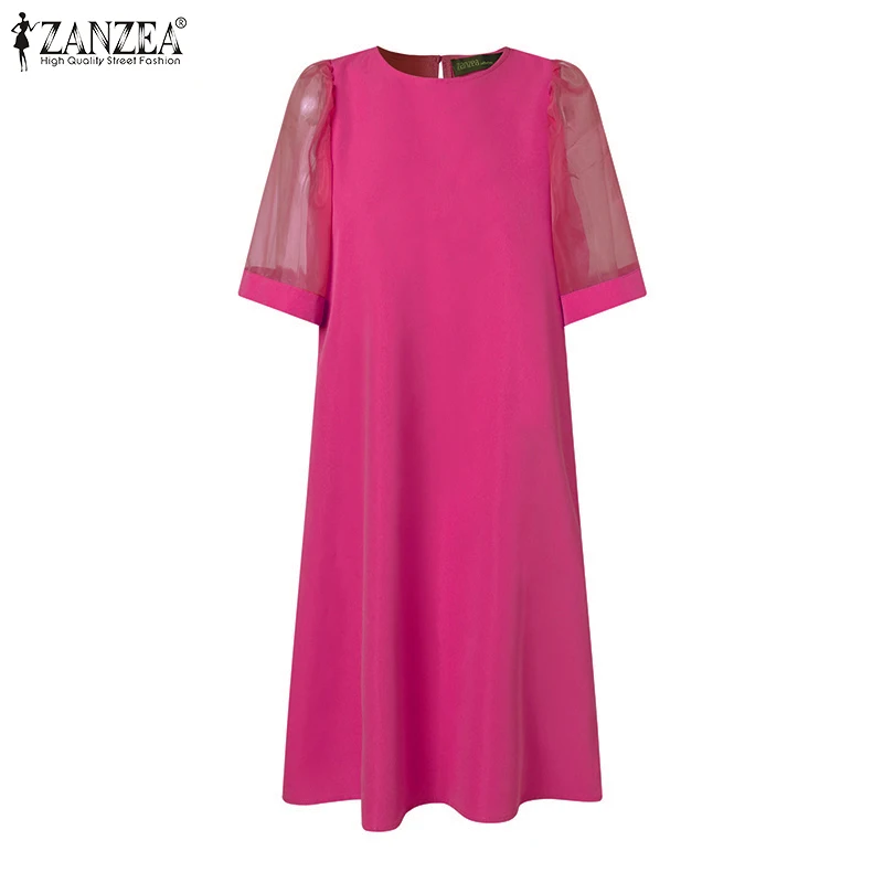 ZANZEA Women Vintage Vestidos Solid Mesh Patchwork Sundress Casual Summer Mini Dress Party Ruffle Short Sleeve Loose Dresses 4