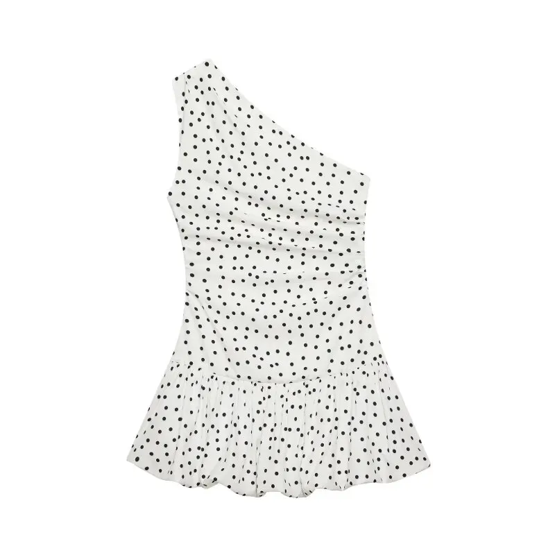 Women One Shoulder Sleeveless Polka Dot Mini Dress Ruched Waist Ruffle Hem Elegant Casual Party Short Dress Spring Summer 4