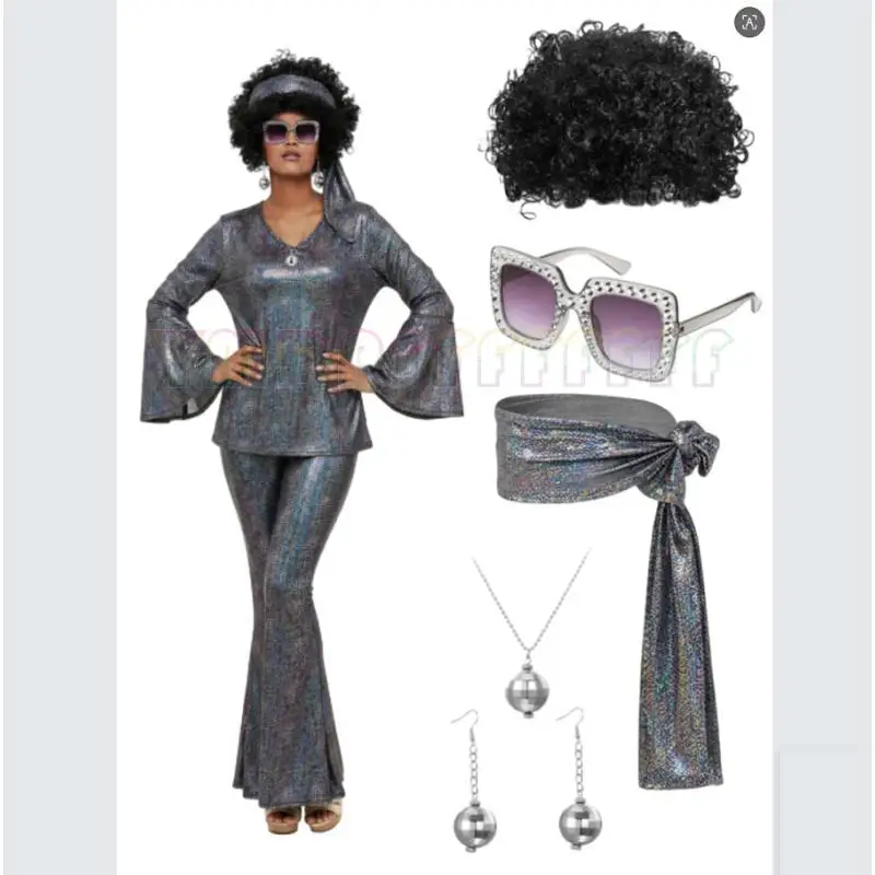 Women's Halloween Disco Party 70s Women's Disco Costume Set Top Pants Sunglasses Necklace Earrings Wig Cosplay Set 10 Color Sele 5