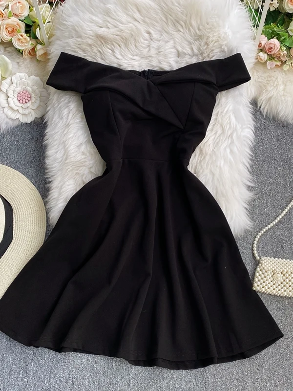Summer Sexy One oulder A-Line Dr Slimming Pure Color High Waist ort Skirt Women's Faion Commute Korean Sle Folded 4