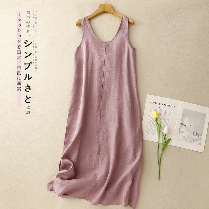 New Summer Casual Cotton Linen Svel Dr Soft Fabric Thin Sle Artistic High Waist round Ne Long Dr for Women 6