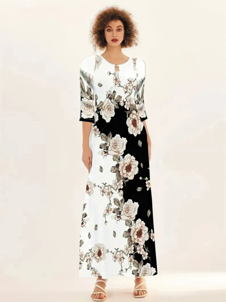 Women's Casual Dress, Plus Size  Print Half Sleeve Round Neck Maxi Dress With Pockets 4