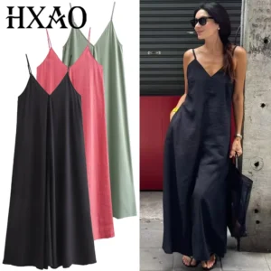 HXAO 2025 Women's Slip Dress Summer Green Red Black Dress Casual V-Neck Backless Long Dresses Sleeveless Vestidos Resort Dresses