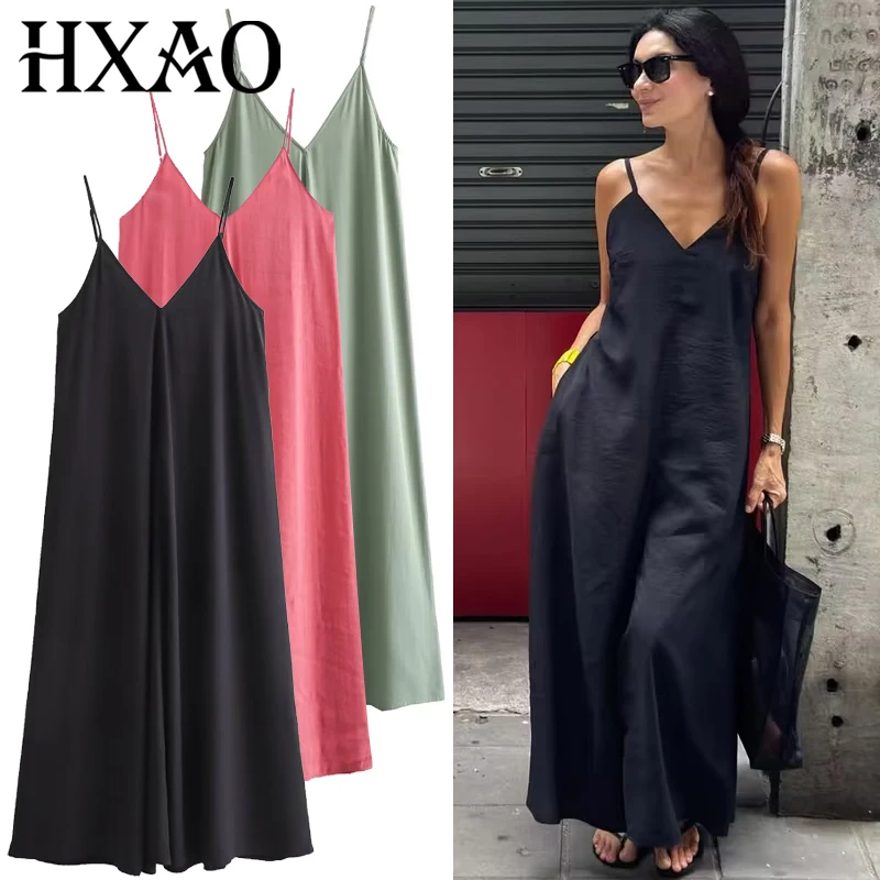 HXAO 2025 Women's Slip Dress Summer Green Red Black Dress Casual V-Neck Backless Long Dresses Sleeveless Vestidos Resort Dresses 1