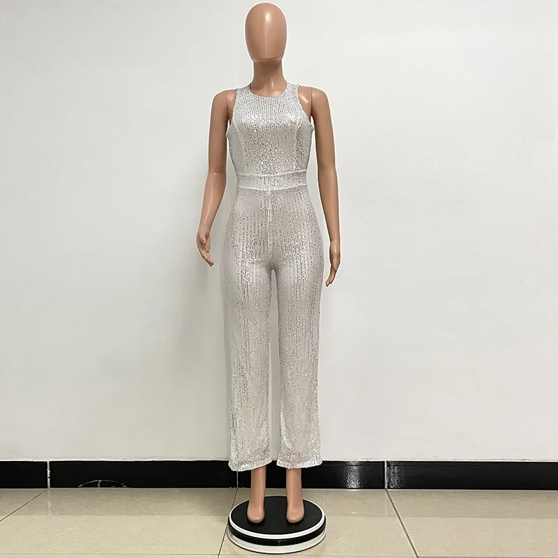 Bling Bling Sequined Club Jumpsuit Sexy Women O-neck Elegant Shiny Sliver Gold Sequins Straight Romper Overalls 5