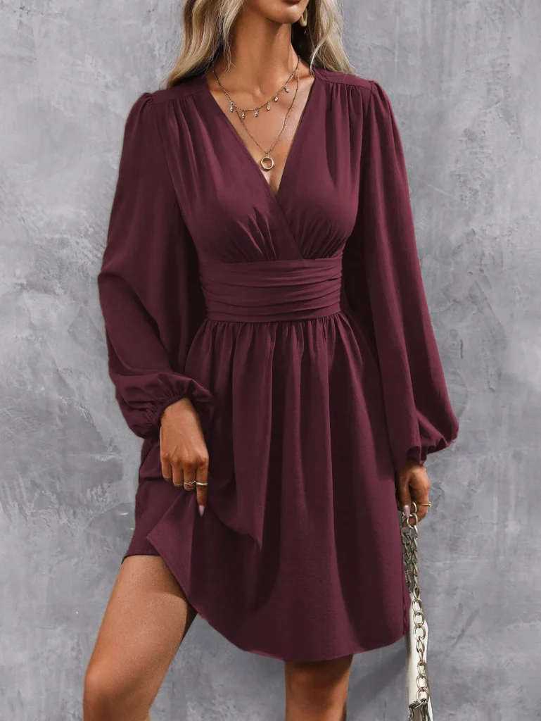 Dresses 2025 Woman Clothing V Neck Lantern Sleeve Wrap Mini Dress Ruched Waist Flowy Hem Elegant for Autumn and Party Styles ﻿ 6