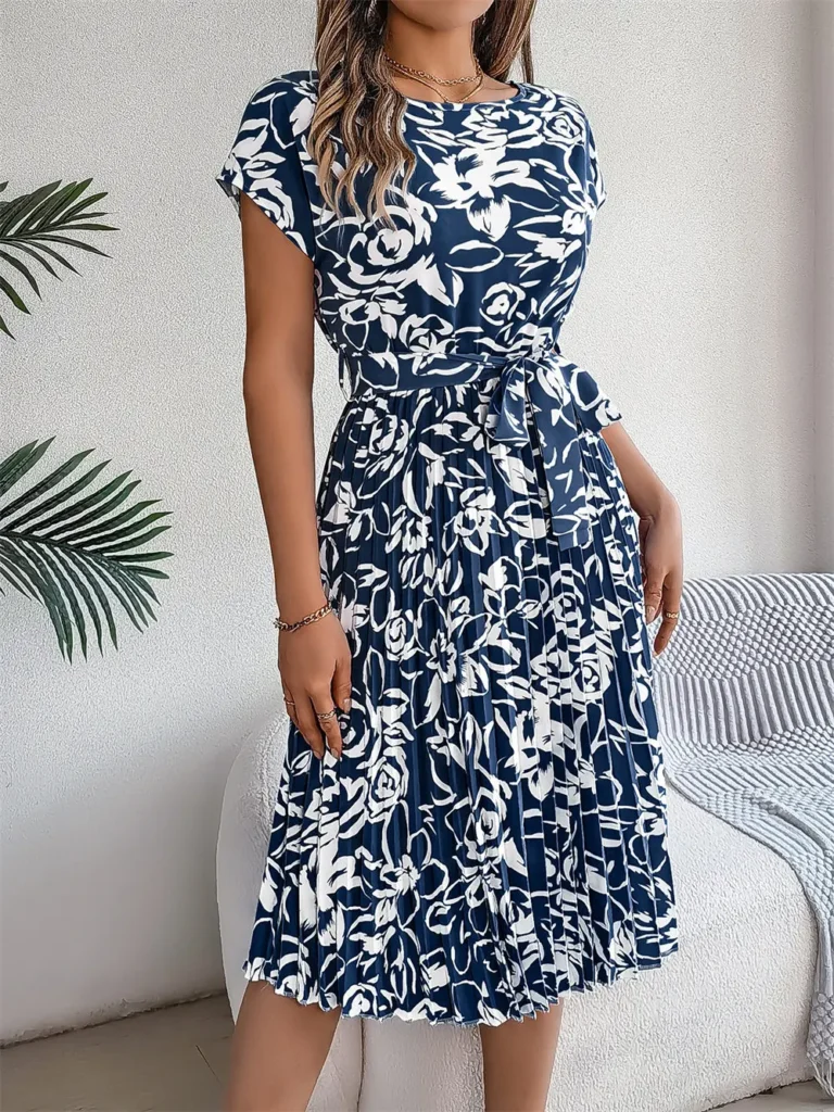 Elegant Floral Short Sleeved Pleated Dress Women Round Neck Medium Long Spring Summer Causal A Line Dress 6