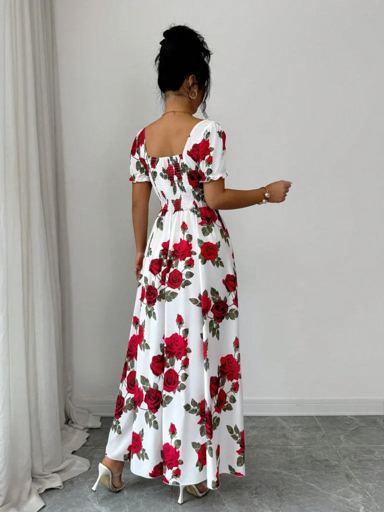 Women Rose Floral Print Maxi Dresses Square Neck Puff Short Sleeve Back Smocked Elastic Waist Flowy A Line Summer Vacation Dress 4