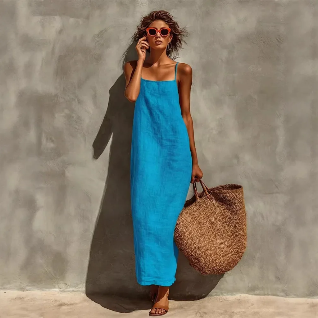 2026 Summer New Women Solid Color Spaghetti Strap Dress Loose Casual Comfortable Sundress 5