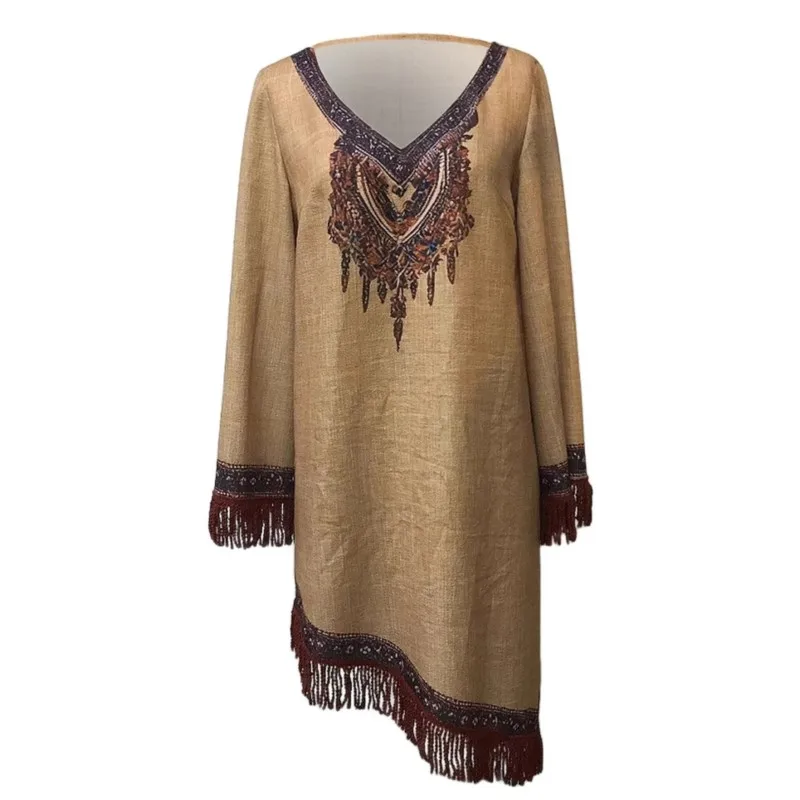 Fashion V Neck Long Sleeve Bohemian Dresses Vintage Pattern Printed Loose Short Dress New Spring Tassel Patchwork Women's Dress 3