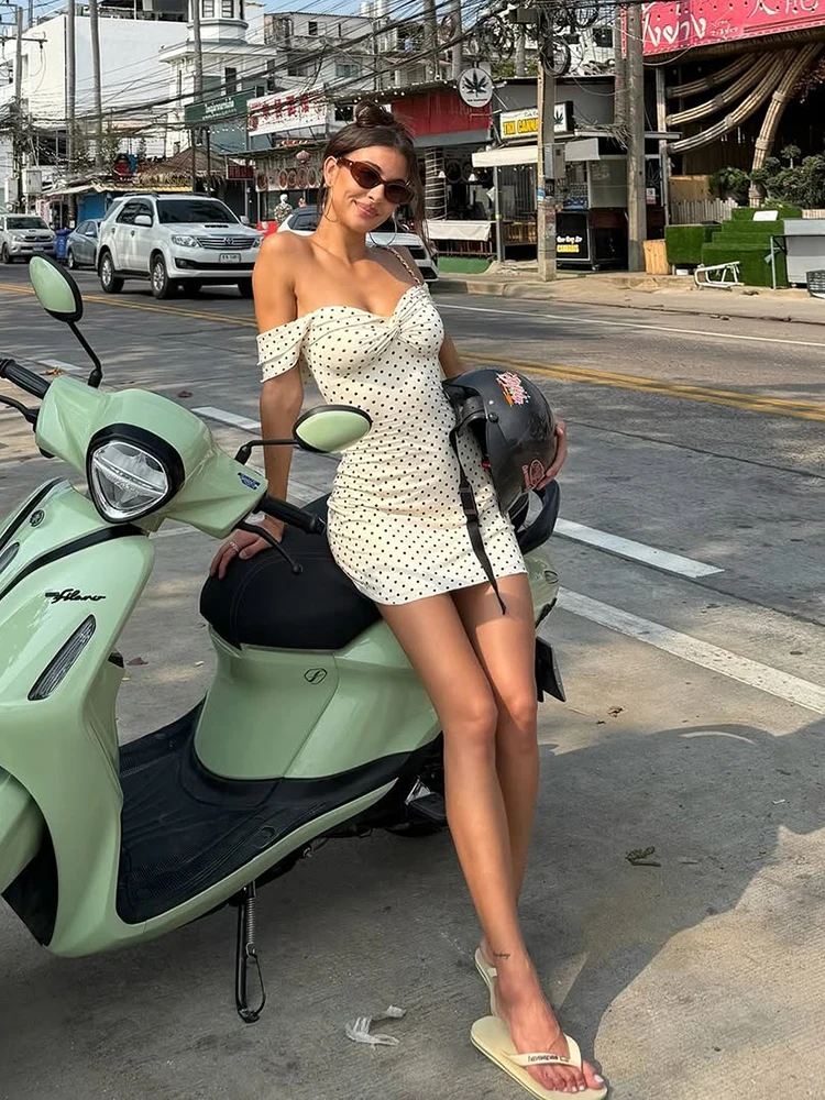 Kliou Ruched Elegant Mini Dress Woman Polka Dot Print Slash Neck Backless Skinny Peach Buttocks Summer Street Y2K Style Bodycon 6
