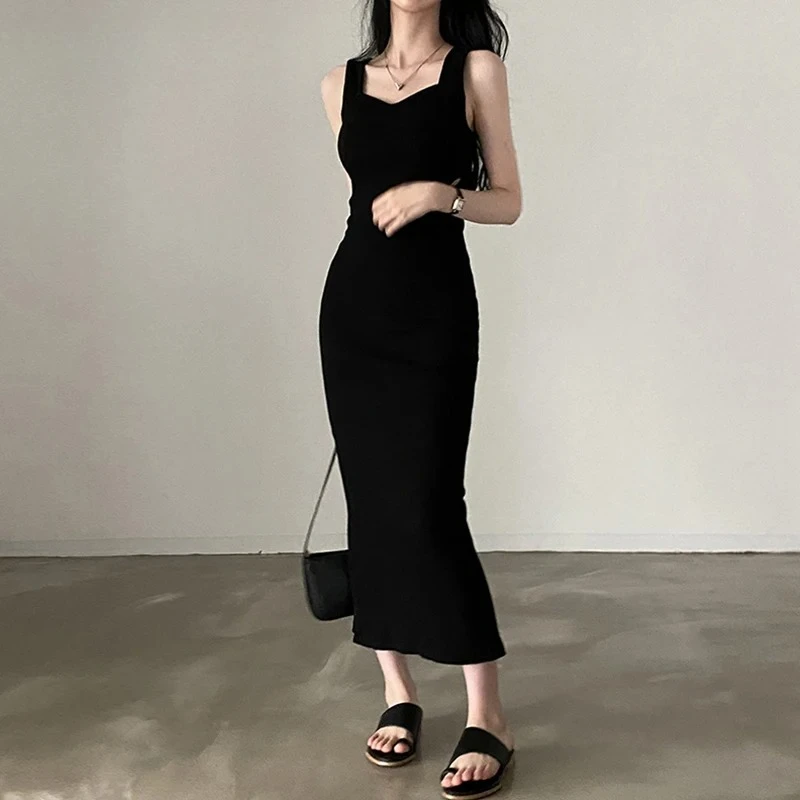 Myufon Basic Knit Long Dress Korean Fashion Square Collar Sleeveless Women's Dresses Summer Casual Y2k Vintage All-match Outftis 1