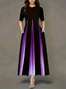 Summer new gradient vertical print dress with round neck, loose sleeves, slimming temperament, long skirt