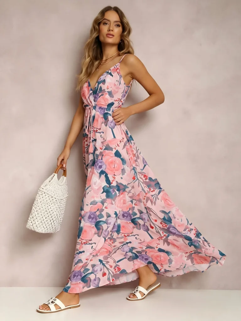 Women Watercolor Floral Print Maxi Dress V Neck Spaghetti Strap Tassel Tie Waist Smocked Back Summer Beach Holiday Casual Long Sundress 3