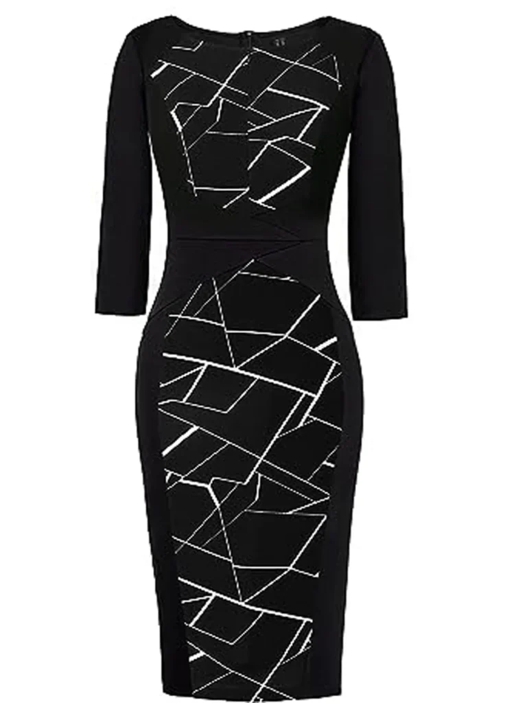 Women Elegant Business V Notch Neck 3/4 Sleeve Autumn Office Work Knee Length Bodycon Dress Geometric Print Patchwork Slim Fit 5