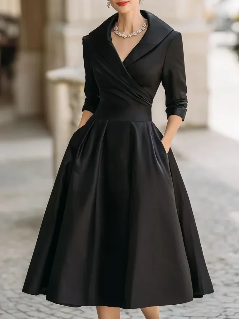 Women's Vintage V Neck Long Sleeve Wrap Waist A Line Midi Dress with Pockets 6