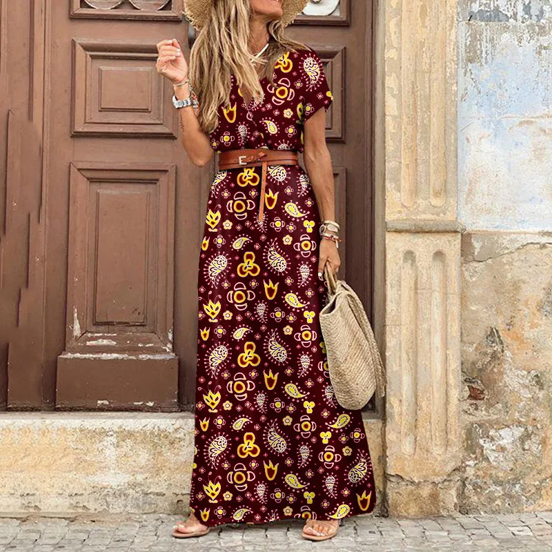 Elegant Floral Pleated H shaped Midi Dress Female V Neck Puff Sleeve Waist Ruched Button Dresses Women Summer Dress Robe 3