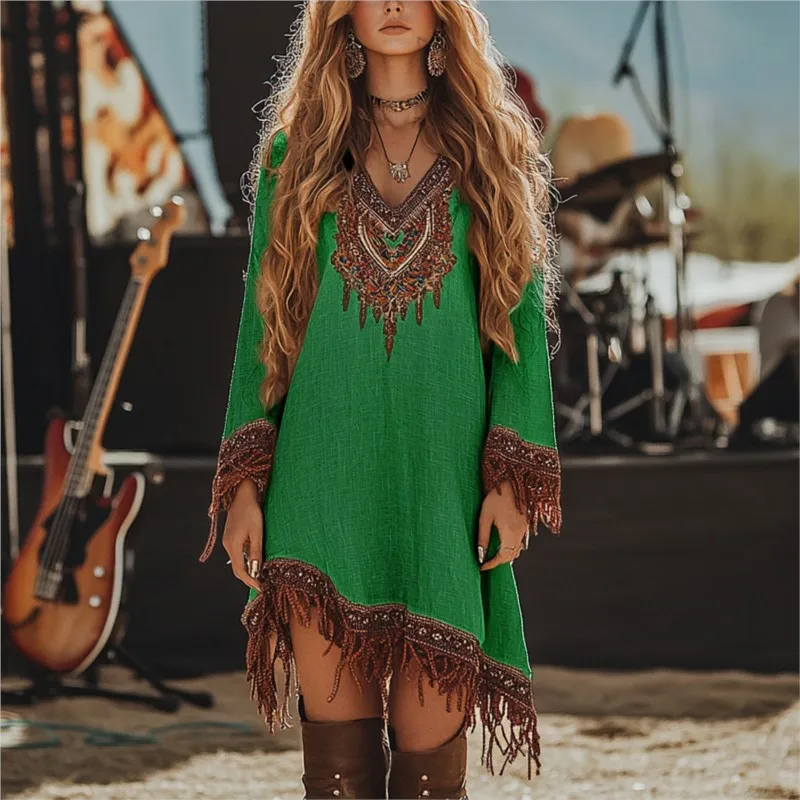 Fashion V Neck Long Sleeve Bohemian Dresses Vintage Pattern Printed Loose Short Dress New Spring Tassel Patchwork Women's Dress 4