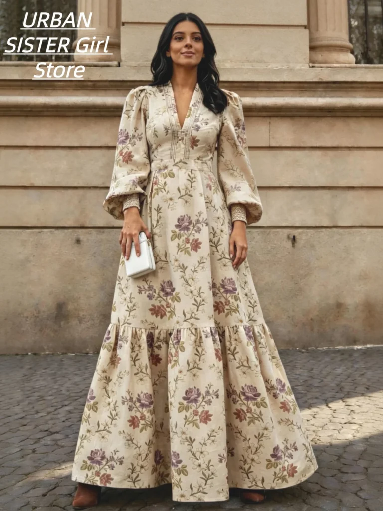Vintage Floral Print V-Neck Puff Long Sleeve Dress with Elastic Cuffs, High Waist, Layered Ruffles, and a Long Design in a Pastoral Style for Vacation and Travel Photography 1