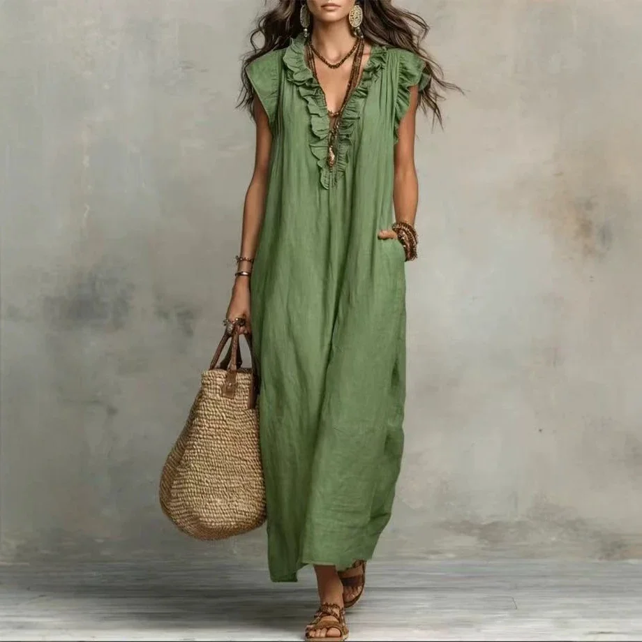 2026 Summer Women Boho Cotton Linen Maxi Dress Solid Color Ruffle V Neck Sleeveless Loose Long Dresses With Pockets Casual Beach 3