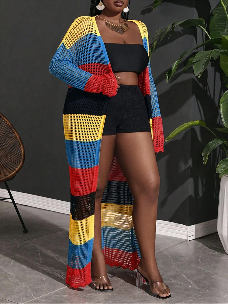 Plus-Size Color-Block Crochet Cardigan Dress for Women: Summer Fashion, Beach Cover-Up, Sexy Vacation Outfit for the Seaside 6