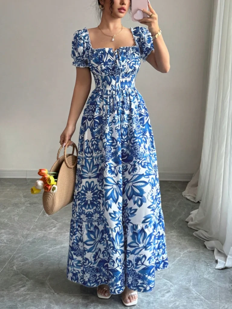 Women's Casual Dresses Puff Sleeve Floral Print Tie Front Dress  Boho Dress Vacation Beach Picnic Date Party Summer Dress 3